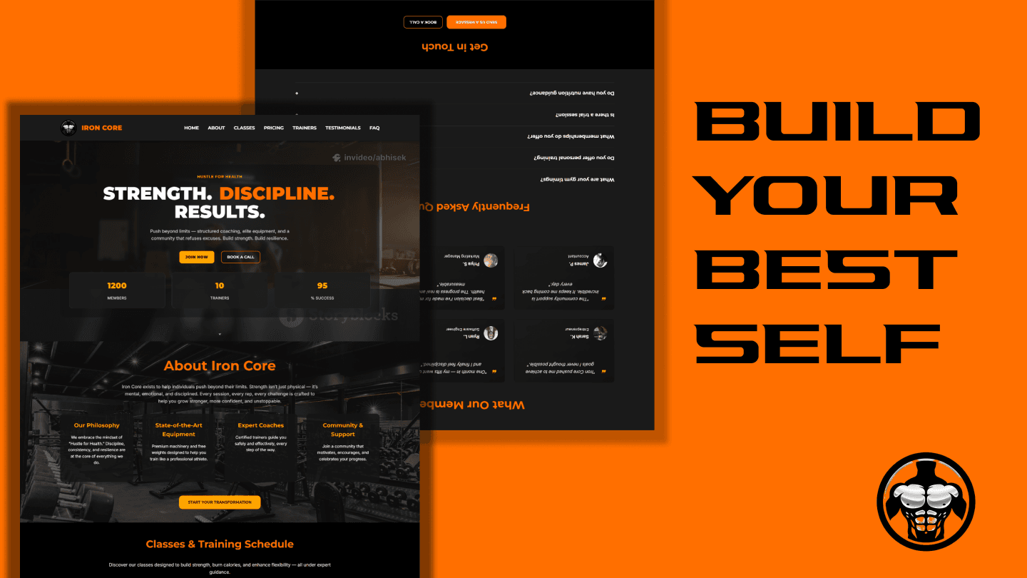 IronCore Fitness website presentation with layered desktop screens and the message "Build Your Best Self."