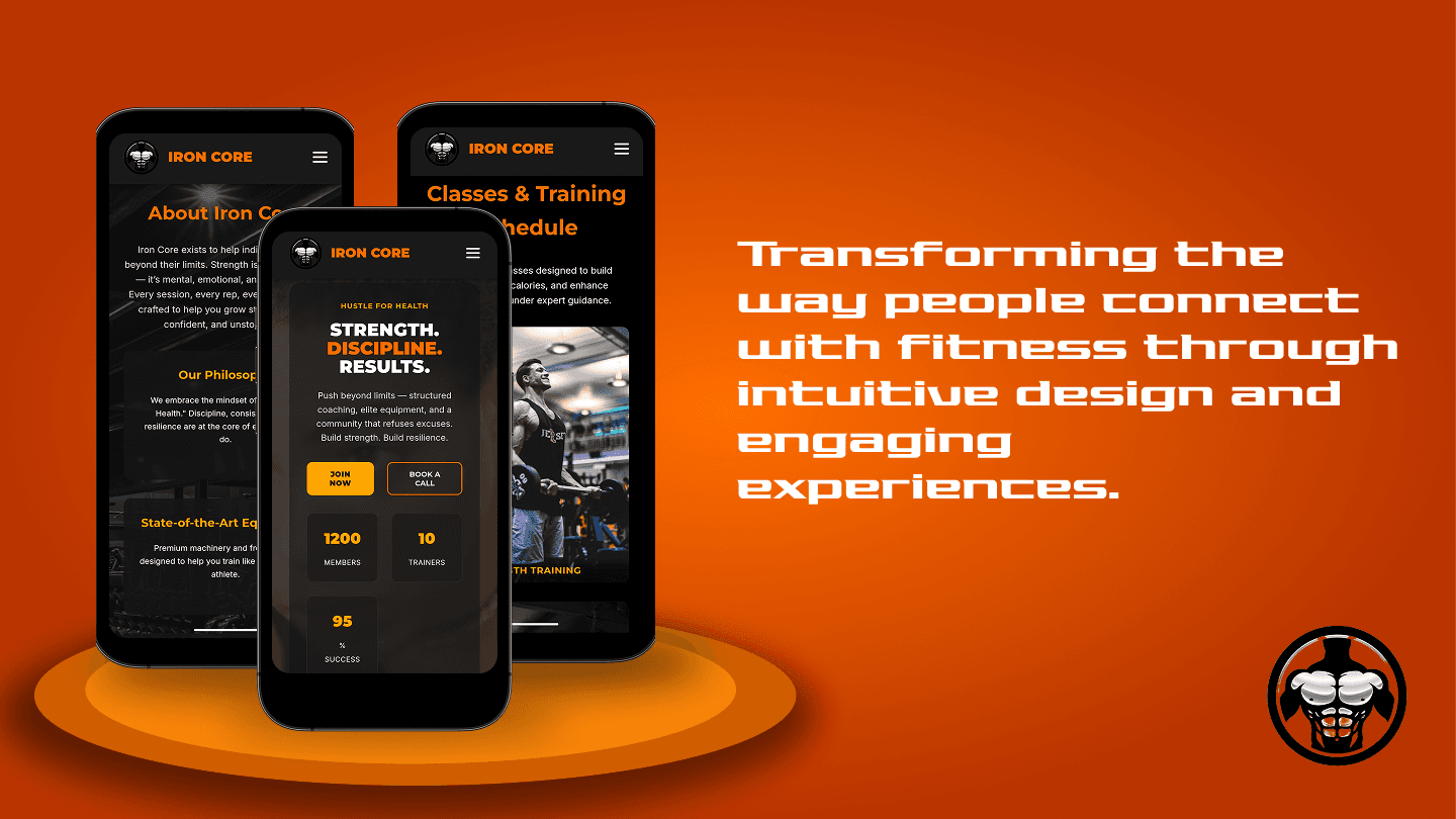 IronCore Fitness website shown across three mobile screens with fitness content, classes, and membership information.