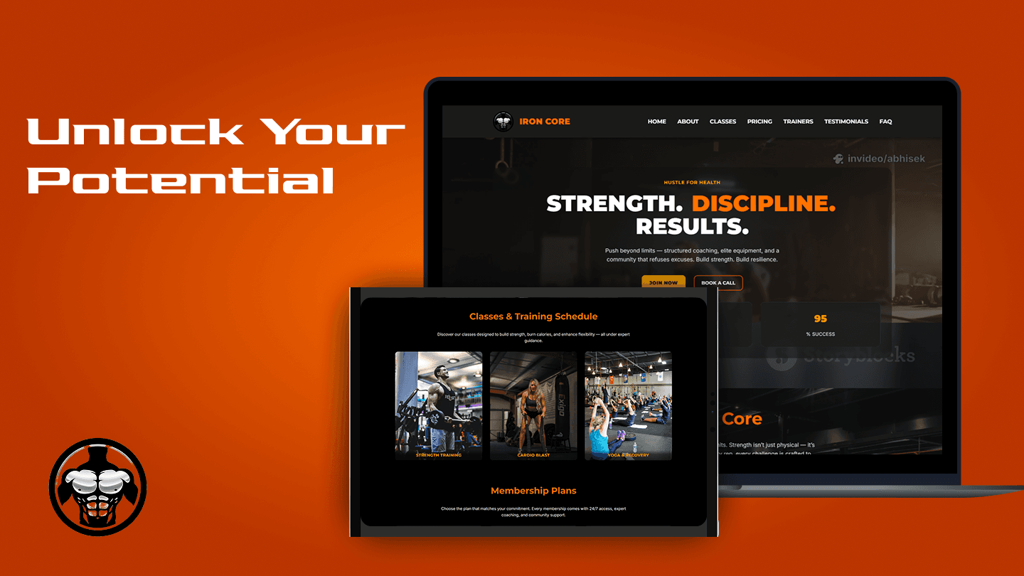 IronCore Fitness website shown on a desktop monitor and tablet with responsive layouts for classes and membership content.