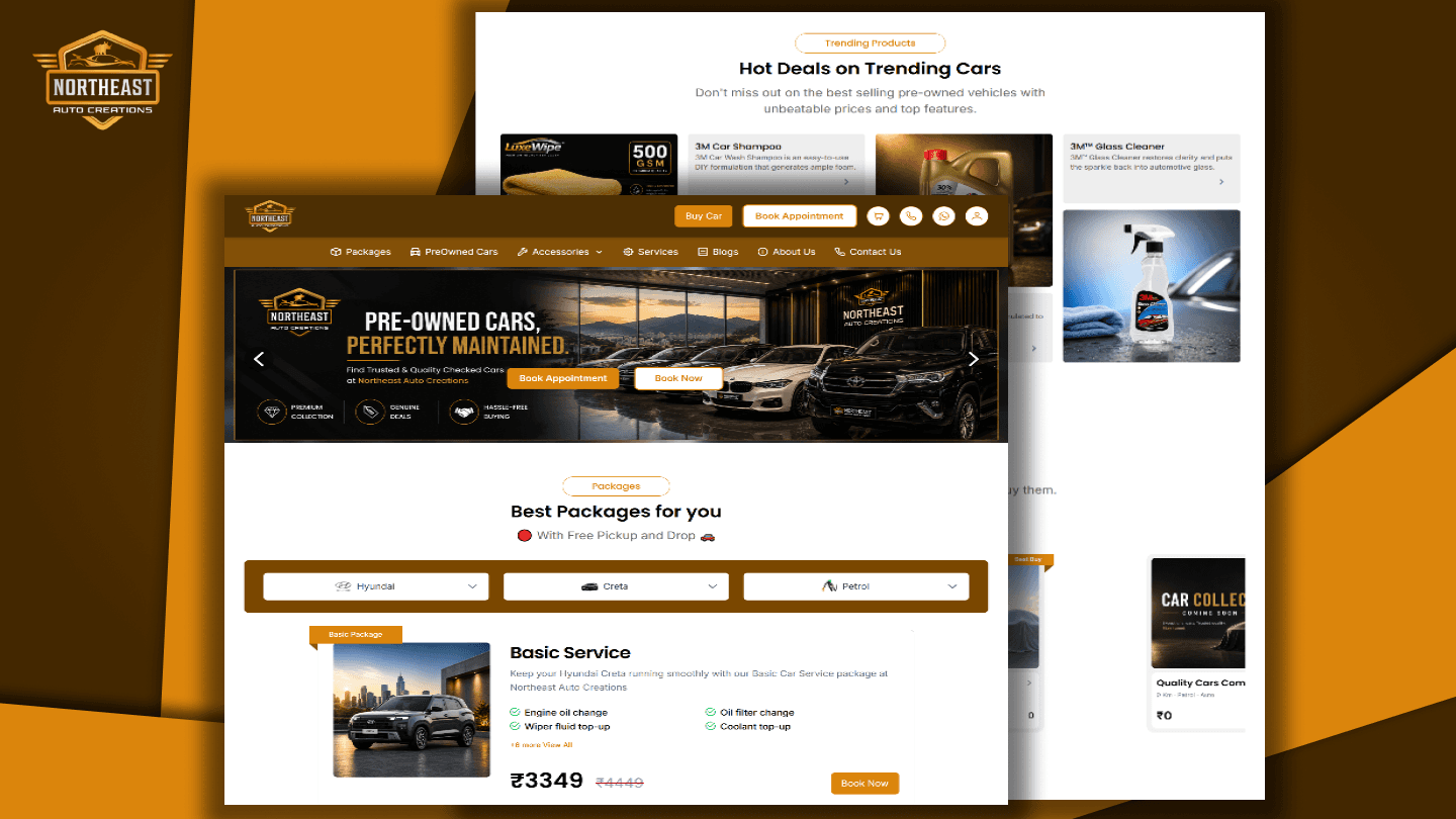 Northeast Auto Creations website showing the pre-owned cars, products, and service package sections