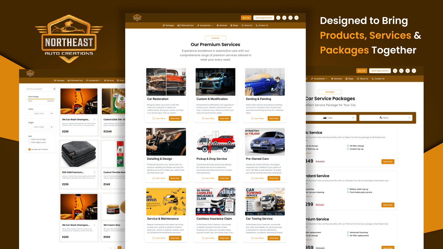 Northeast Auto Creations services page displaying automotive services and car service packages