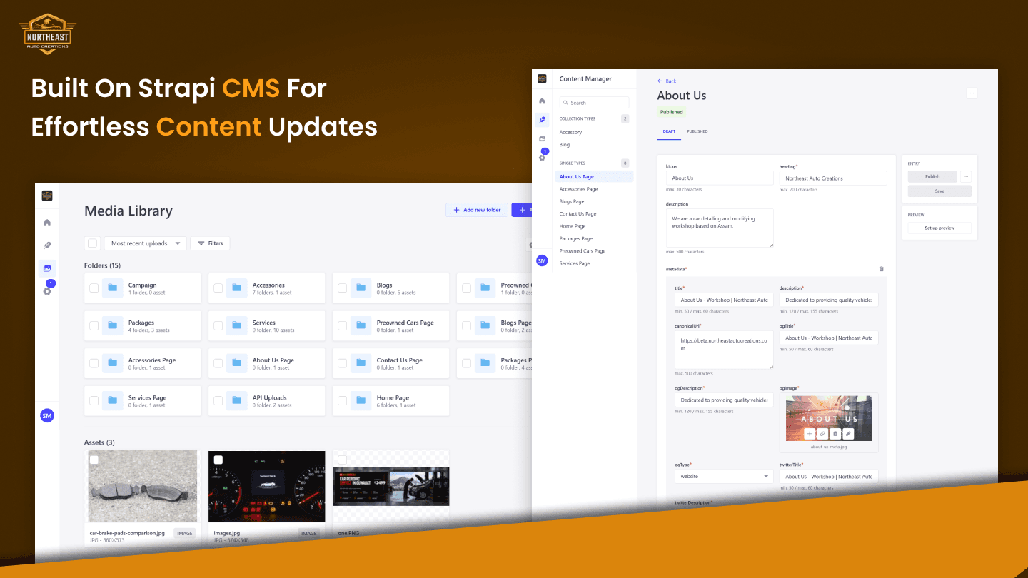 Strapi CMS interface showing Northeast Auto Creations content types, media library, and editable website content