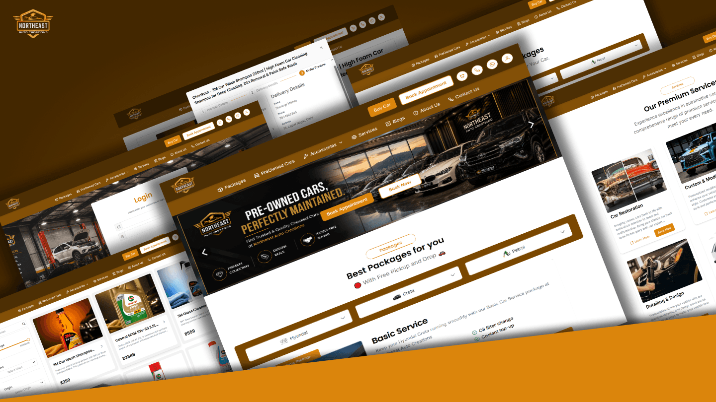 Multiple Northeast Auto Creations website screens showing products, login, packages, pre-owned cars, and services