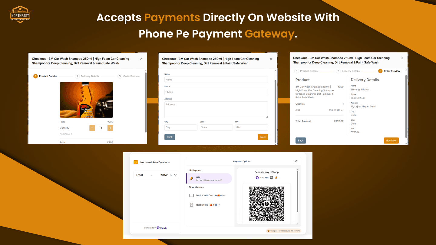 Northeast Auto Creations checkout interface showing product details, delivery information, order review, and PhonePe payment