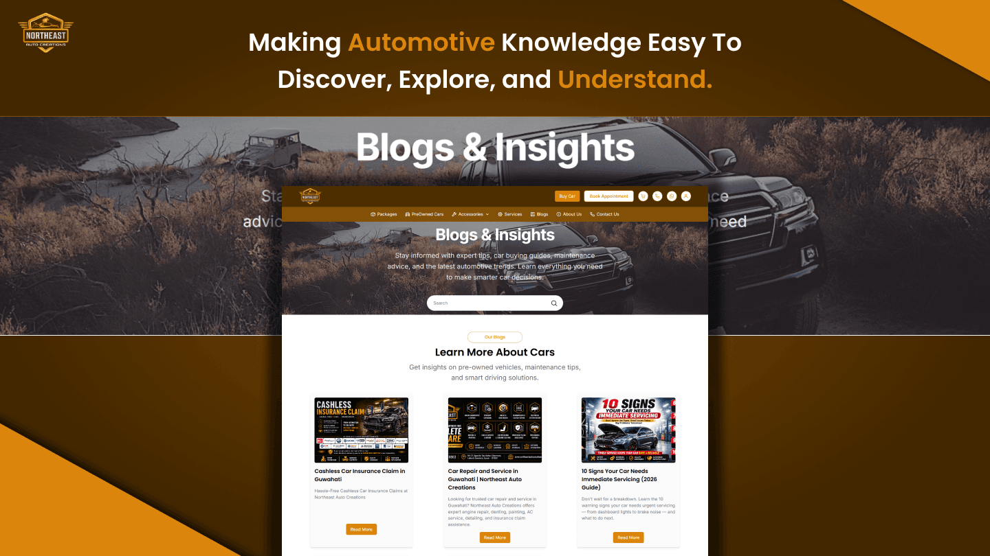 Northeast Auto Creations blog page displaying automotive articles, guides, and maintenance content