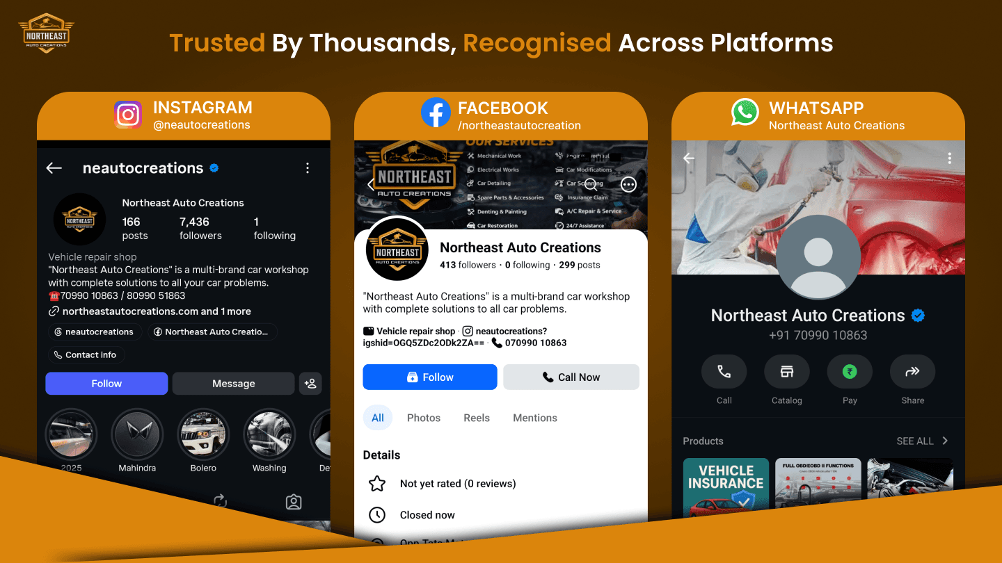 Northeast Auto Creations profiles displayed across Instagram, Facebook, and WhatsApp