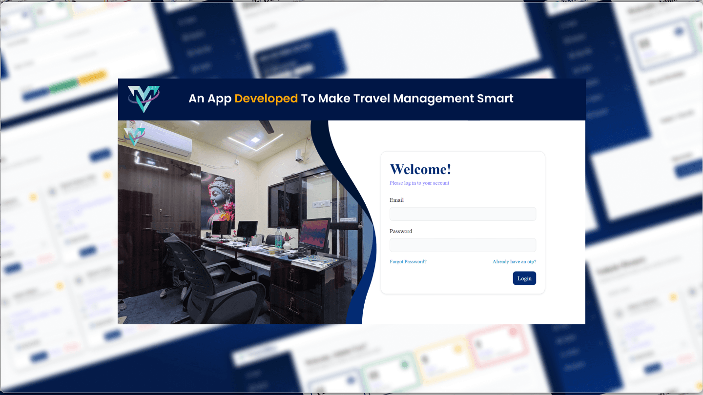 Travel Mitra application login screen featuring email and password fields alongside a photograph of an office workspace.