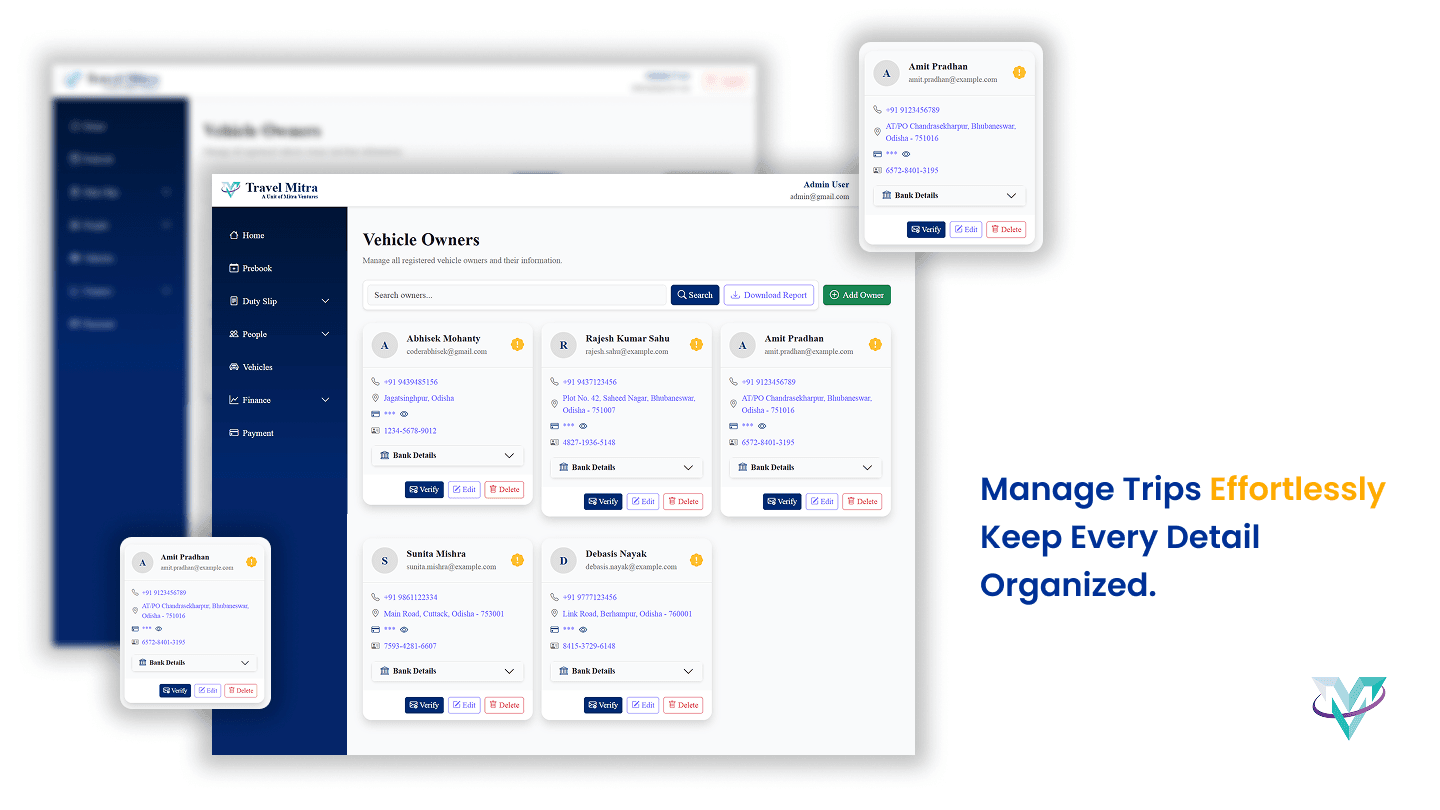 Travel Mitra vehicle owners management screen displaying owner profiles, contact information, verification controls, bank details, and edit and delete actions.